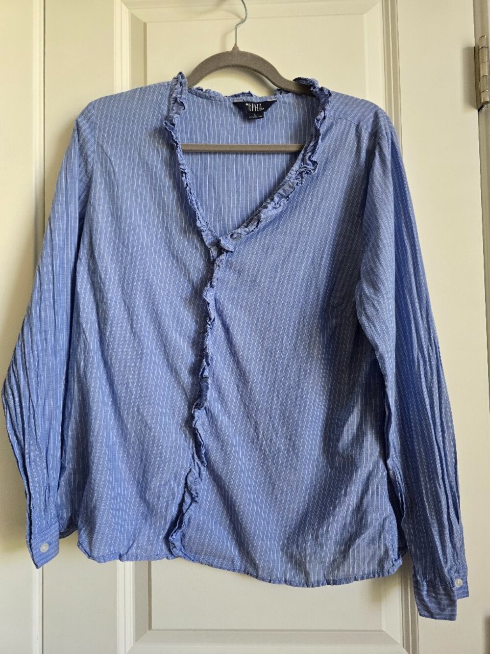 Blue Pinstripe Ruffle V-Neck Blouse